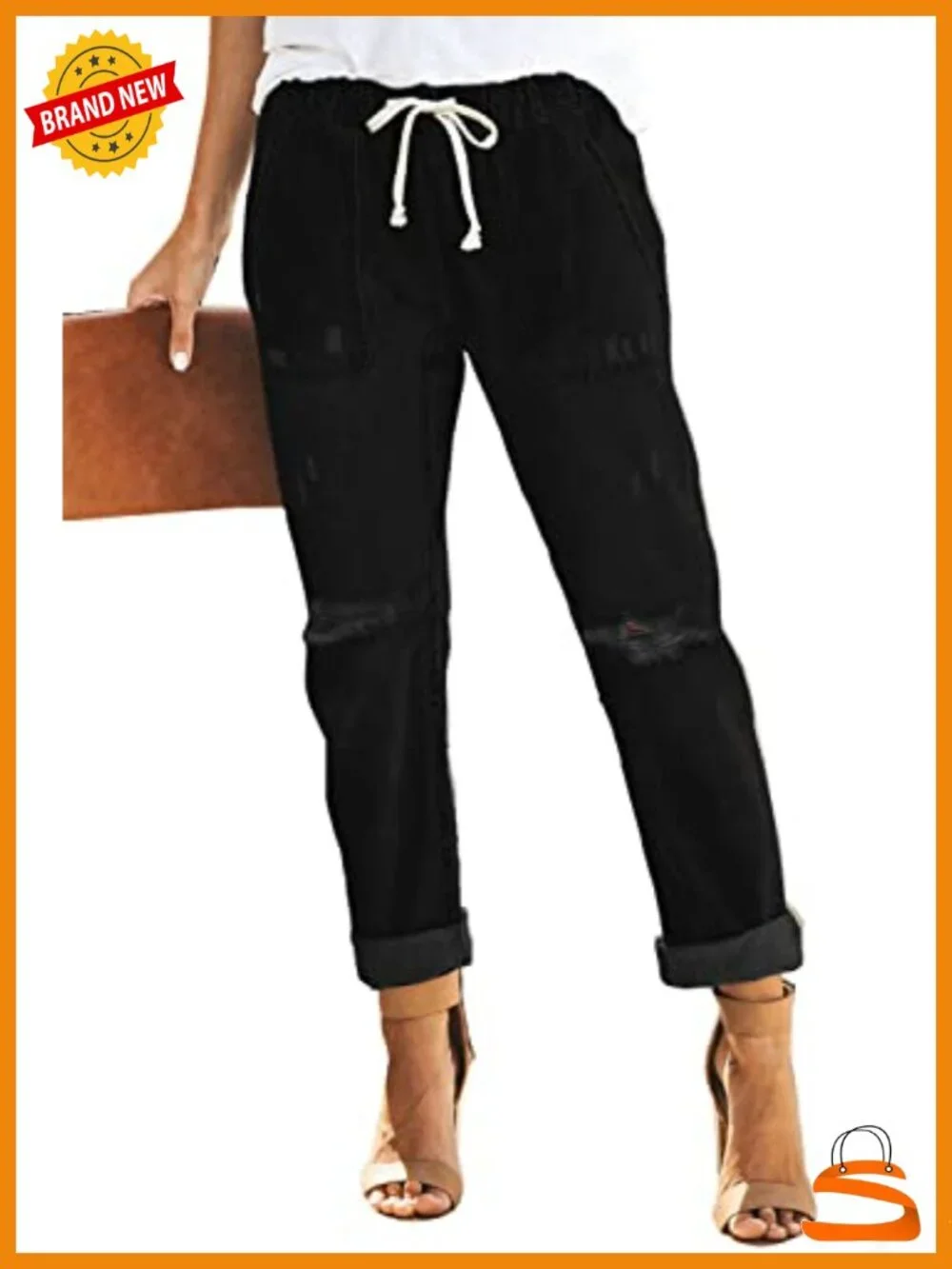 Women's Casual Pull-on Distressed Stretch Denim Joggers Elastic Waist Pants